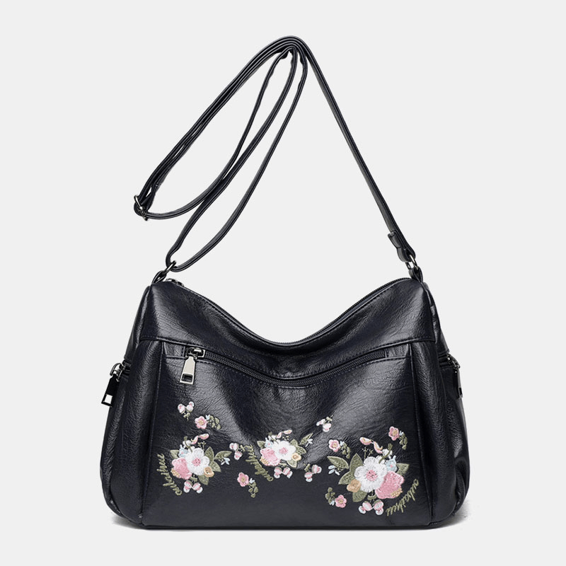 Women Ethnic Flower Embroidered Large Capacoty Crossbody Bag Vintage Texture Hardware Waterproof Breathable Soft Leather Shoulder Bag - MRSLM