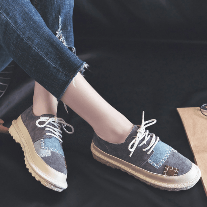 Women Splicing Slip Resistant Soft Casual Lace up Comfy Flats - MRSLM