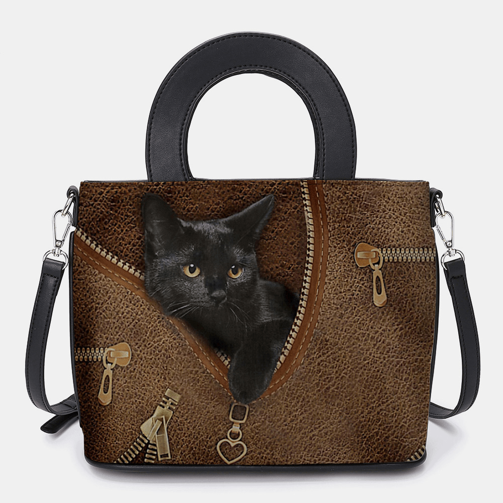 Women Faux Leather Cartoon Black Cat Pattern Multi-Carry Handbag Crossbody Bag Satchel Bag - MRSLM