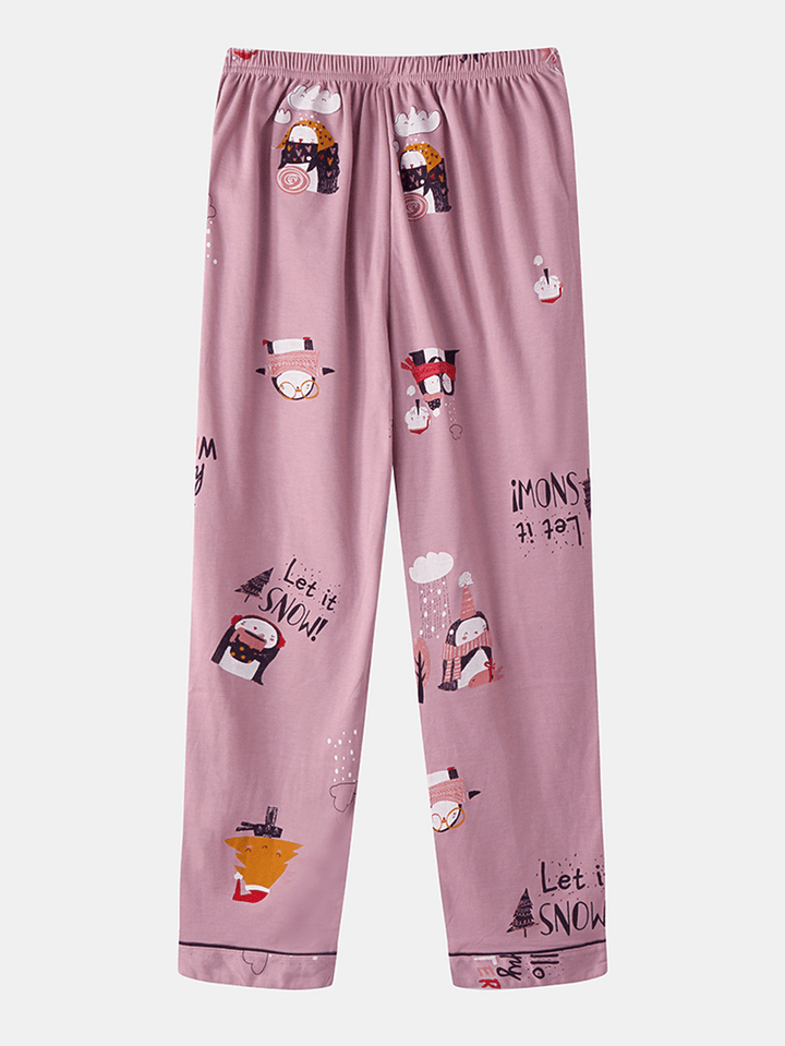 Women Cute Cartoon Pattern Print O-Neck Two-Piece Loose Home Pajamas Sets - MRSLM