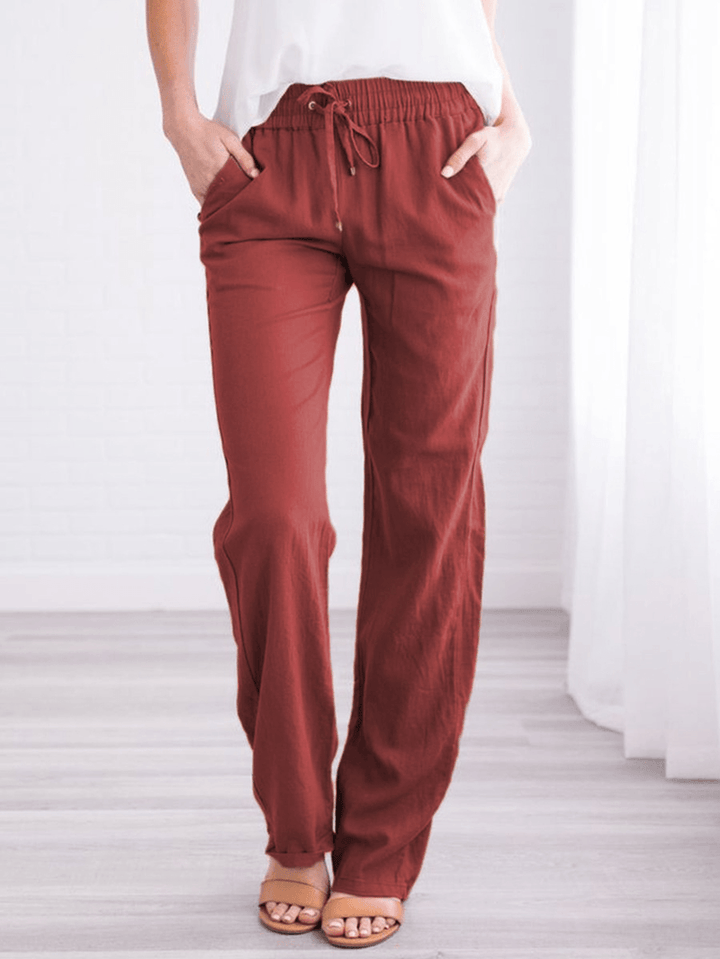 Women Casual Solid Color Elastic Waist Straight Pants - MRSLM