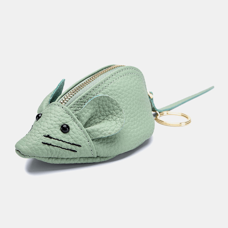 Women Genuine Leather Casual Cute Animal Mouse Pattern Mini Keychain Coin Bag Storage Bag - MRSLM