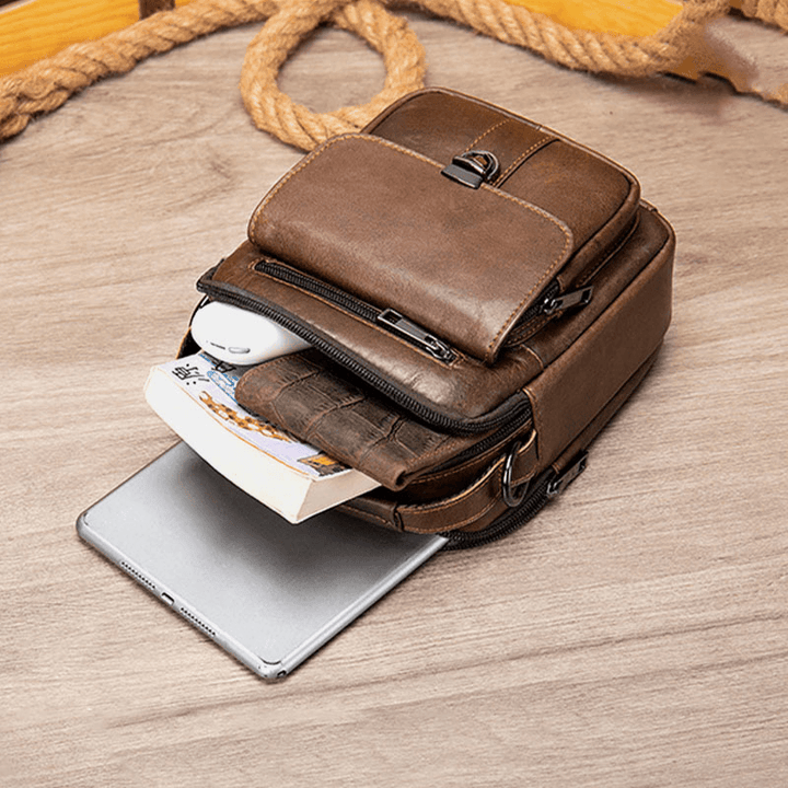 Men Genuine Leather Back Anti-Theft Pocket Crossbody Bags Retro Multi-Pocket Wear-Resistant Messenger Bag Shoulder Bag - MRSLM