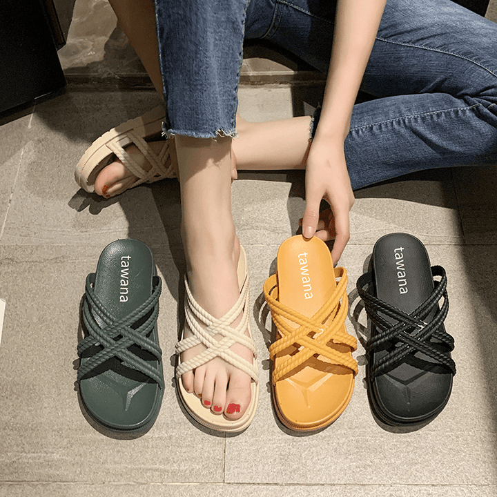 Women Solid Color Cross Band Home Flats Sandals - MRSLM