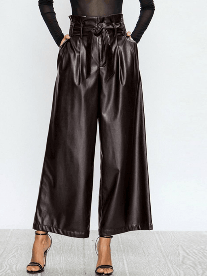 Women Causal High Waist Belted Wide Leg Pocket Pants - MRSLM