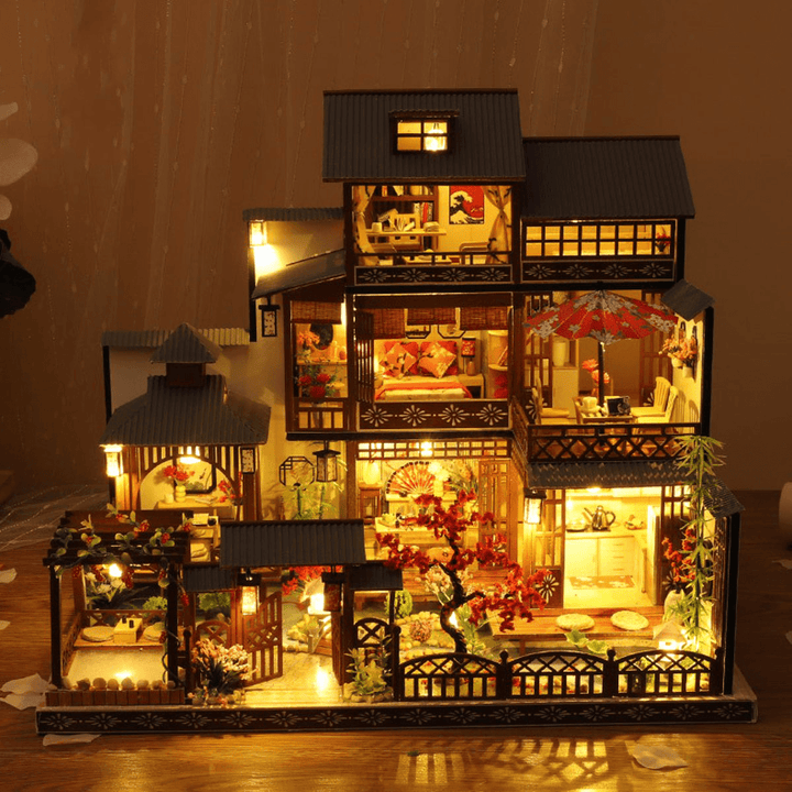 Wooden DIY Japanese Villa Doll House Miniature Kits Handmade Assemble Toy with Furniture LED Light for Gift Collection Home Decor - MRSLM