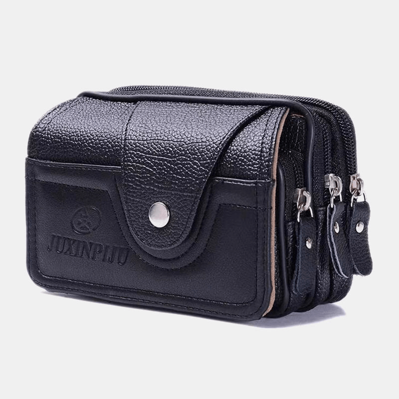 Men PU Leather Three-Layers Multifunction Waterproof Vintage Business 5.8 Inch Phone Bag Waist Bag - MRSLM