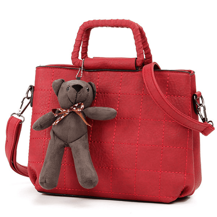 Retro Women PU Leather Plaid Bear Handbags Ladies Elgant Shoulder Bags Crossbody Bags - MRSLM