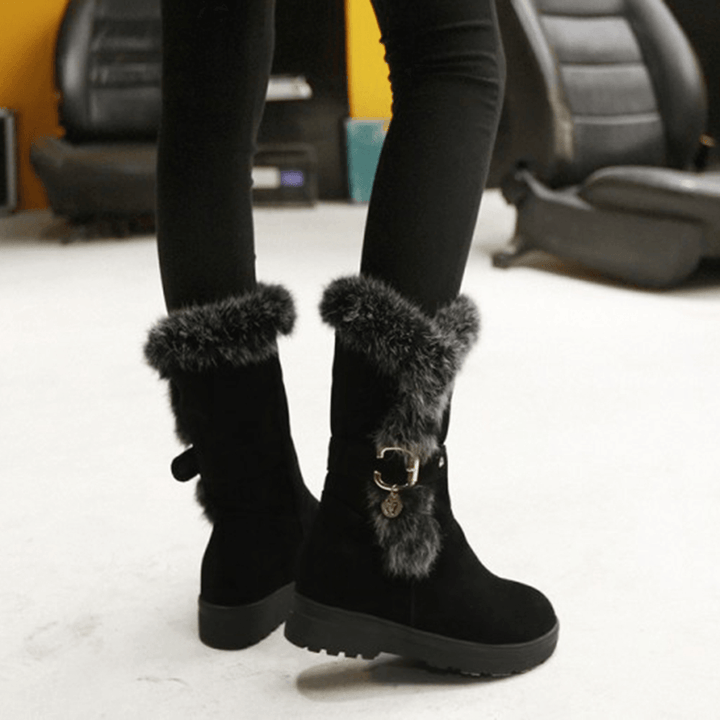 Plus Size Women Winter Plush Lining Buckle Decor Increased Heel Snow Boots - MRSLM