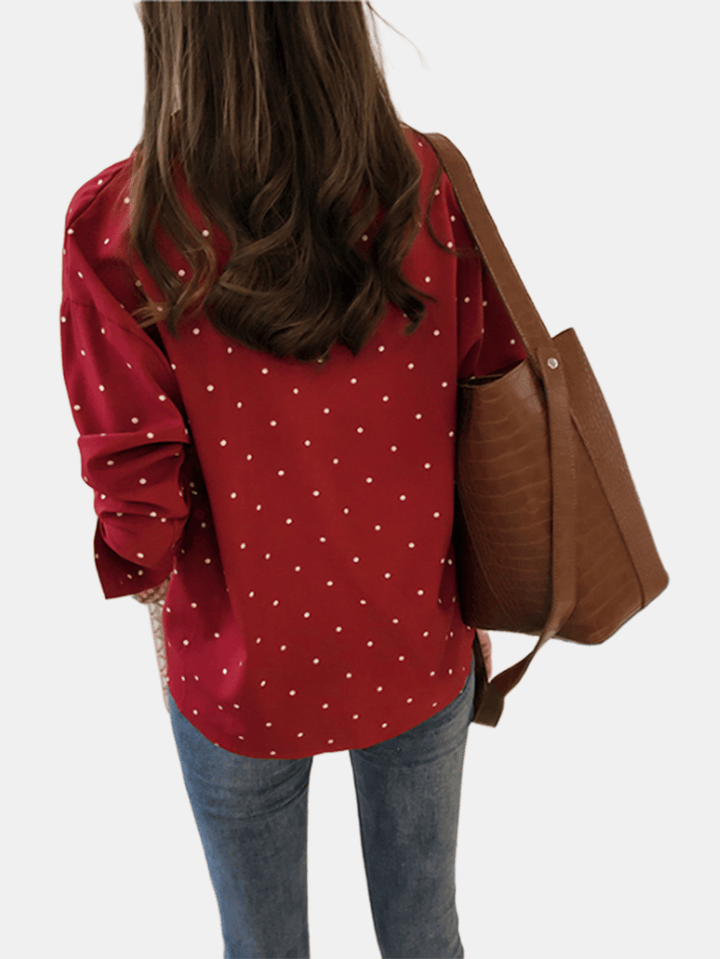 Polka Dot Print V-Neck Long Sleeve Casual Blouse - MRSLM