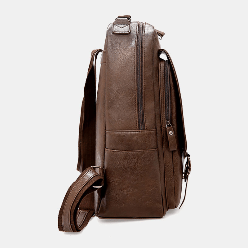 Men PU Leather Vintage Business Waterproof Wear-Resistant Large Capacity 15.6 Inch Laptop Bag Backpack - MRSLM