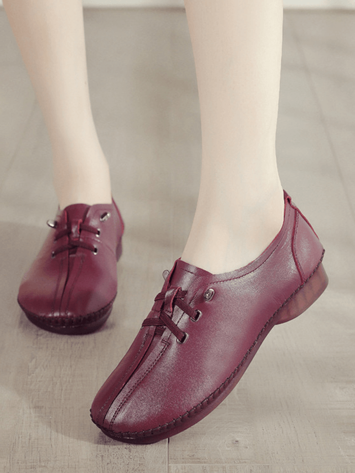 Women Comfy Stitching Genuine Leather Soft Lace up Flats Loafters - MRSLM