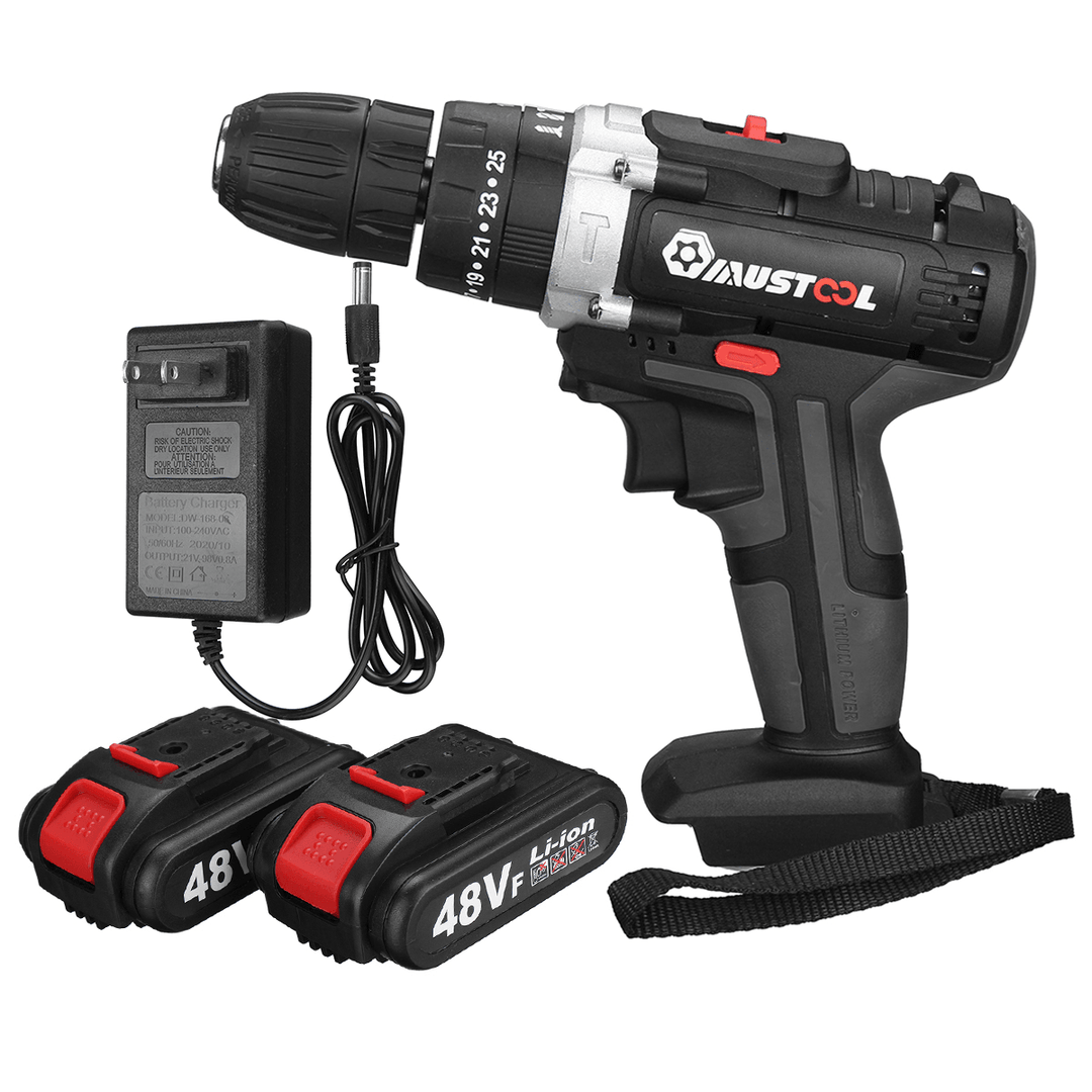 110V/220V 3 in 1 Cordless Impact Drill Hammer Screwdriver with 2Pcs 48V Lithium Batteries - MRSLM