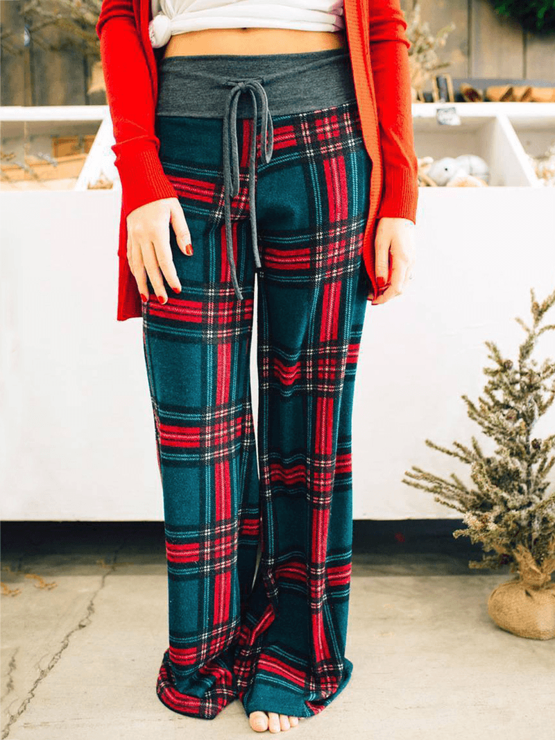 Women Plaid Print Casual Loose High Waist Wide Leg Pants - MRSLM