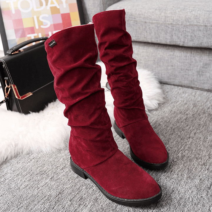 Women Warm Solid Color Suede Winter Snow Mid-Calf Boots - MRSLM