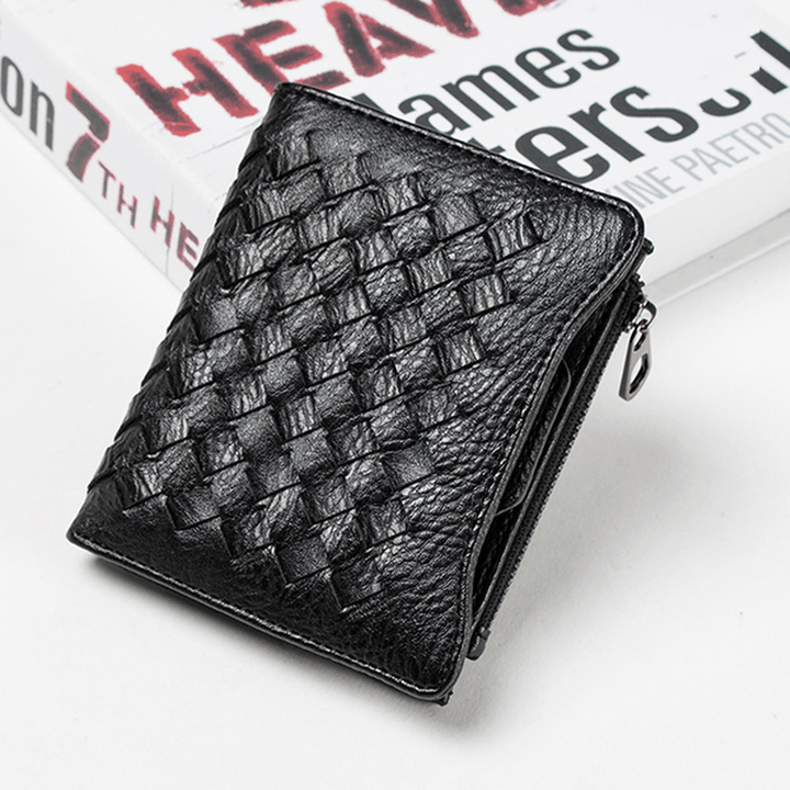 Women PU Leather Woven Pattern Short Wallet Credit Card Holder Coins Bag - MRSLM