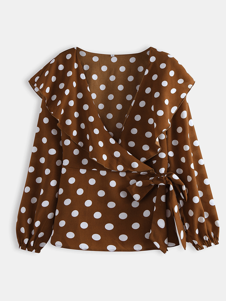 Polka Dot Print V-Neck Long Sleeve Causal Blouse - MRSLM