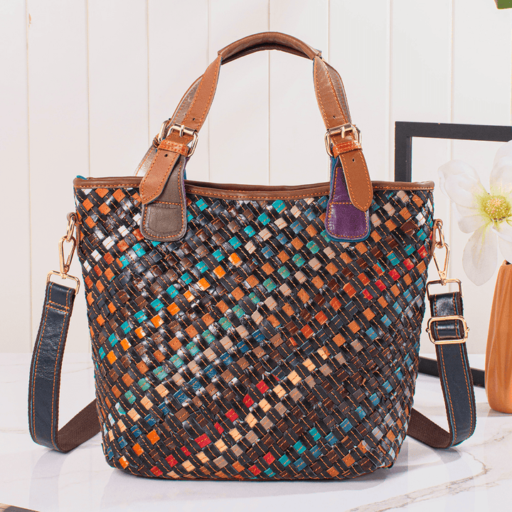 Women Genuine Leather Weave Vintage Handbag Crossbody Bag - MRSLM