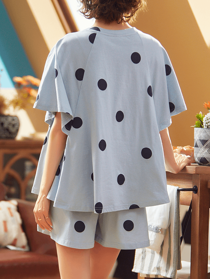 Women Polka Dot Print round Neck Short Sleeve Shorts Casual Pajama Sets - MRSLM