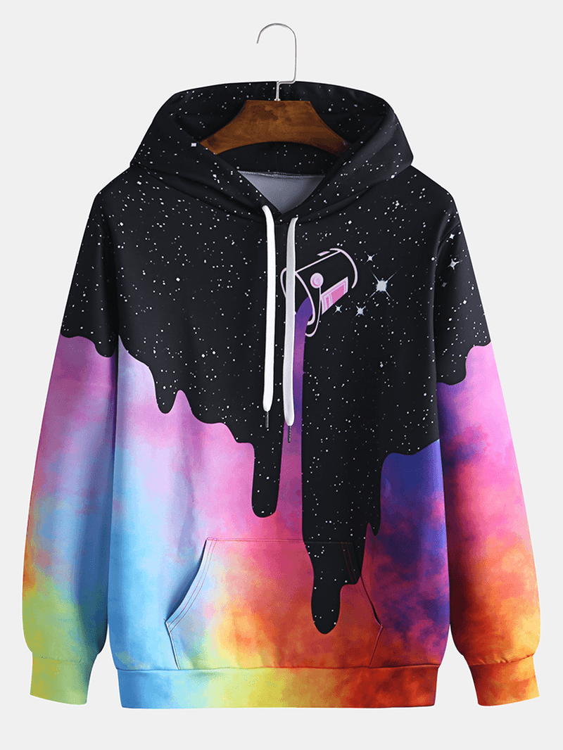 Mens Starry Sky Pattern Tie Dye Kangaroo Pocket Long Sleeve Casual Hoodies - MRSLM