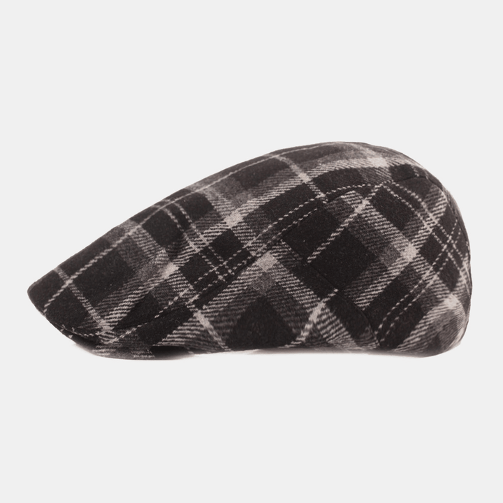 Men Cotton Lattice Pattern Thicken Warmth Casual Forward Hat Beret Flat Cap - MRSLM