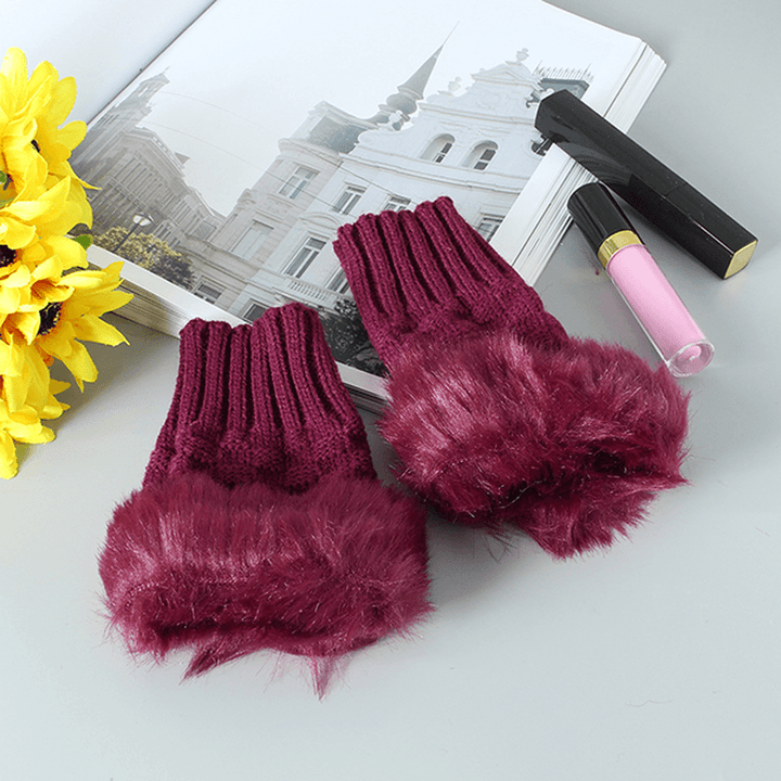 Women Winter Warm Knitted Thicken Fingerless Gloves Artificial Rabbit Hair Half Finger Sleeve - MRSLM