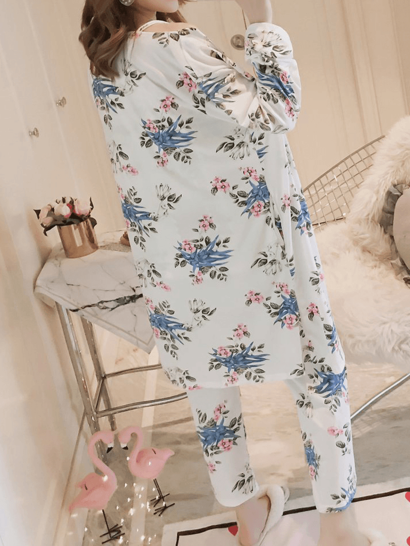 Womens Florral Print Tank Top with Robe Three Piece Home Casual Pajama Set - MRSLM