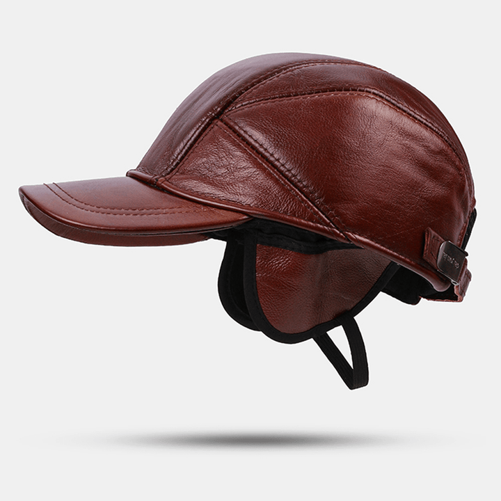 Men Genuine Leather Adjustable round Top Ear Protection Large Brim Keep Warm Baseball Hat - MRSLM