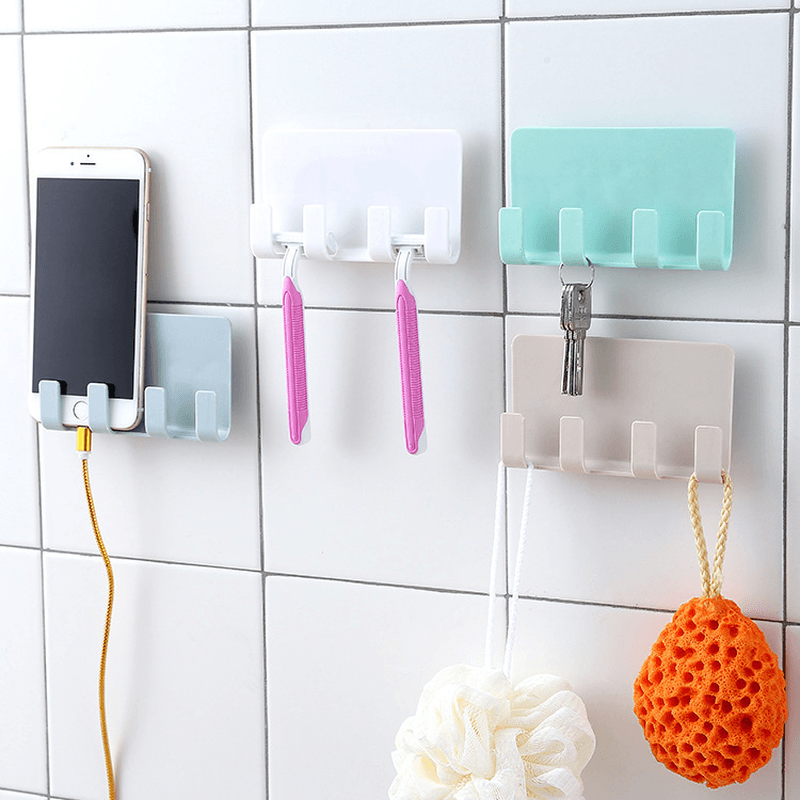 Bathroom Storage Rack Wall Mounted Shaver Holder Organizer 4 Hanger Hooks Towel Shelf Key Peg Strong Suction Phone Charging Racks - MRSLM