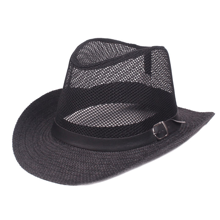 Men Outdoor Breathable Mesh Bowler Jazz Hat Cowboy Sunshade Straw Hat - MRSLM