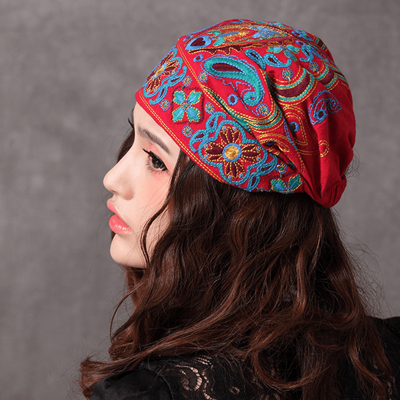 Women Navy Vintage Beanie Hat Ethnic Embroidery Flowers Slouch Cotton Skullcap Cap - MRSLM