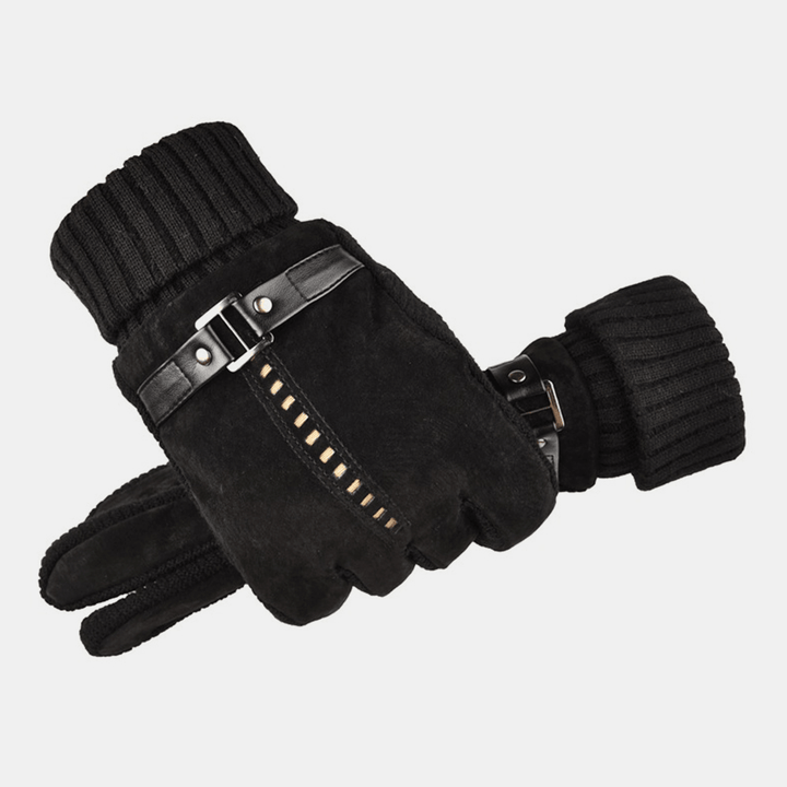 Men Leather plus Velvet Thick Screen Touchable Riding Driving Motorcycle Windproof Keep Warm Full-Finger Gloves - MRSLM