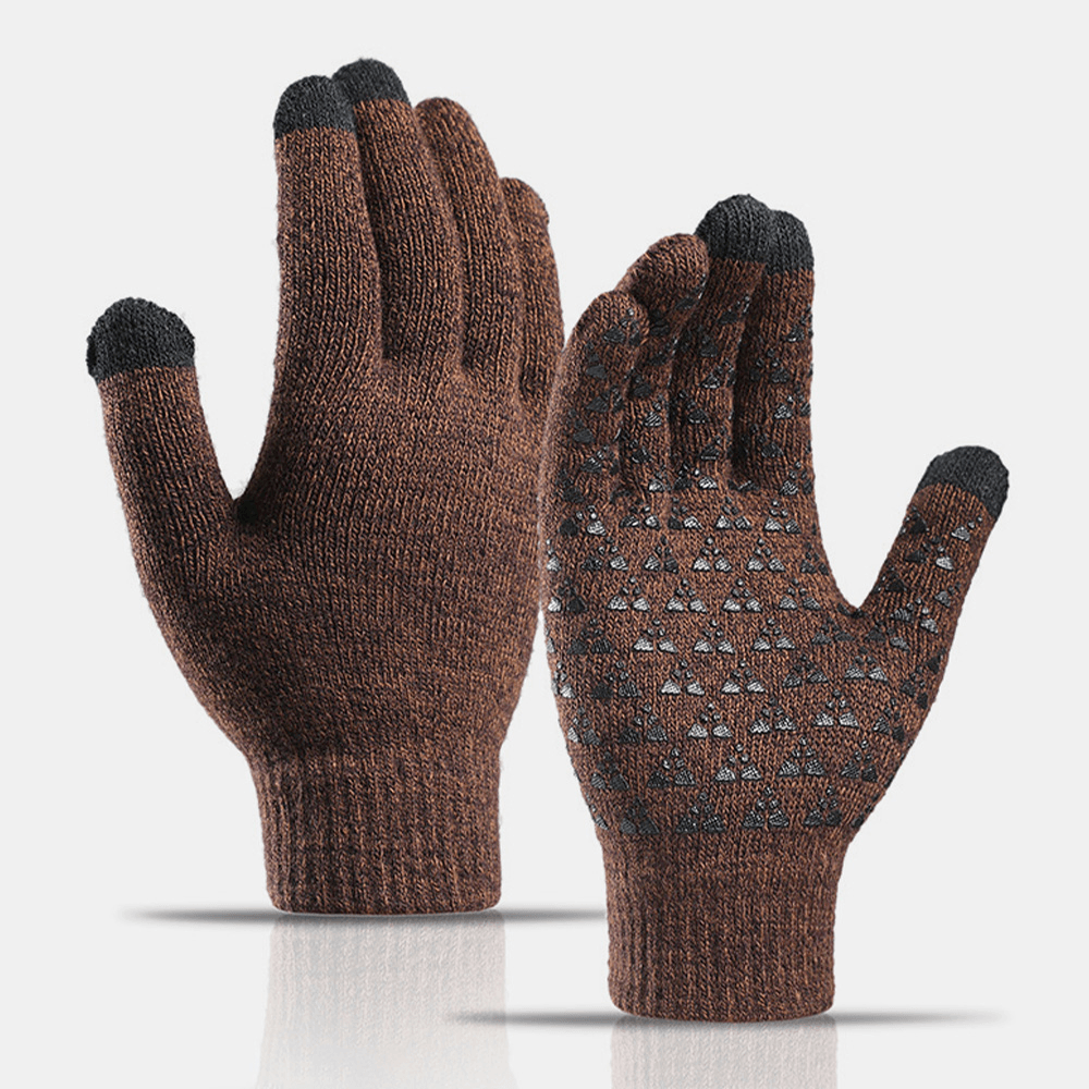 Unisex Three-Finger Touch-Screen Palm Triangle Silicone Non-Slip Pattern Knitted Gloves plus Velvet Thicken Soft Winter Warm Gloves - MRSLM