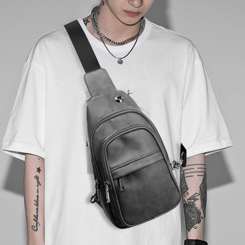 Men Solid Color Headphone Hole Design Multi-Pocket Chest Bag Casual Outdoor PU Soft Leather Wear Resistant Crossbody Bags Shoulder Bag - MRSLM