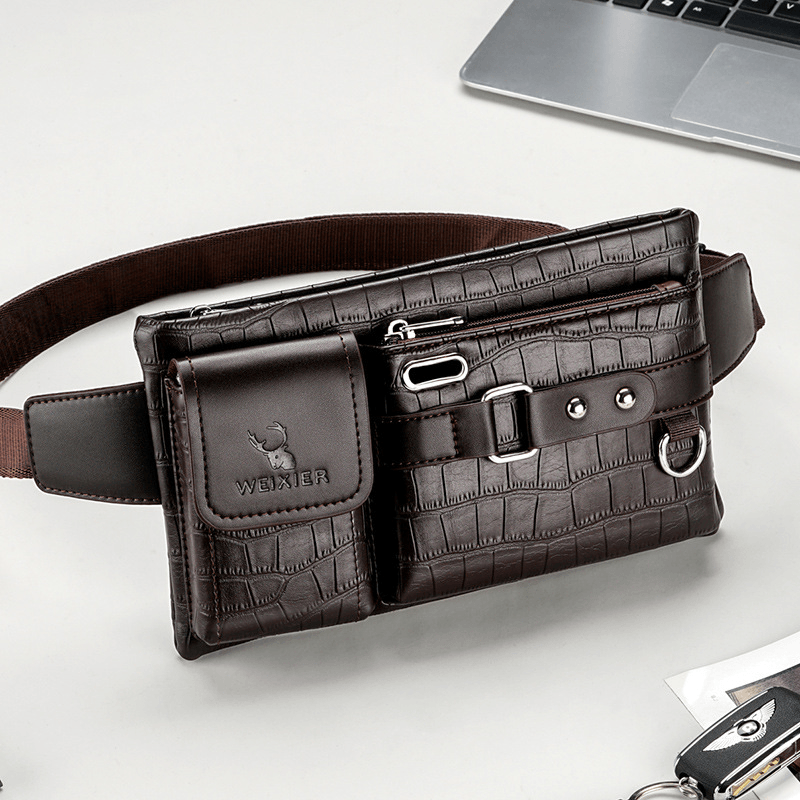 Men PU Leather Multi-Pocket Wear Resistant Chest Bag Waist Bag Headphone Hole Design 6.5 Inch Phone Bag Crossbody Bags - MRSLM