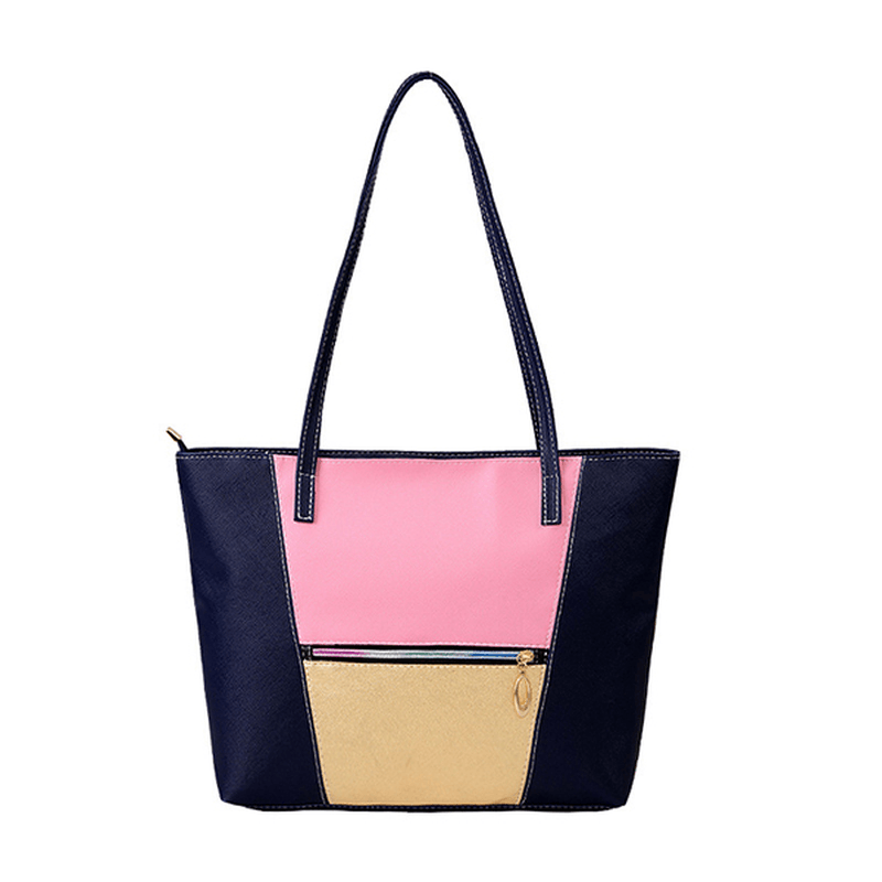 Women PU Leather Large Capacity Color Block Handbag Shoulder Bag - MRSLM