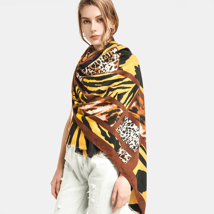 Women Double-Sided Satin Printed Zebra Leopard Pattern Scarf Autumn Winter Super Long Thicken Warmth Shawls Neckerchief - MRSLM