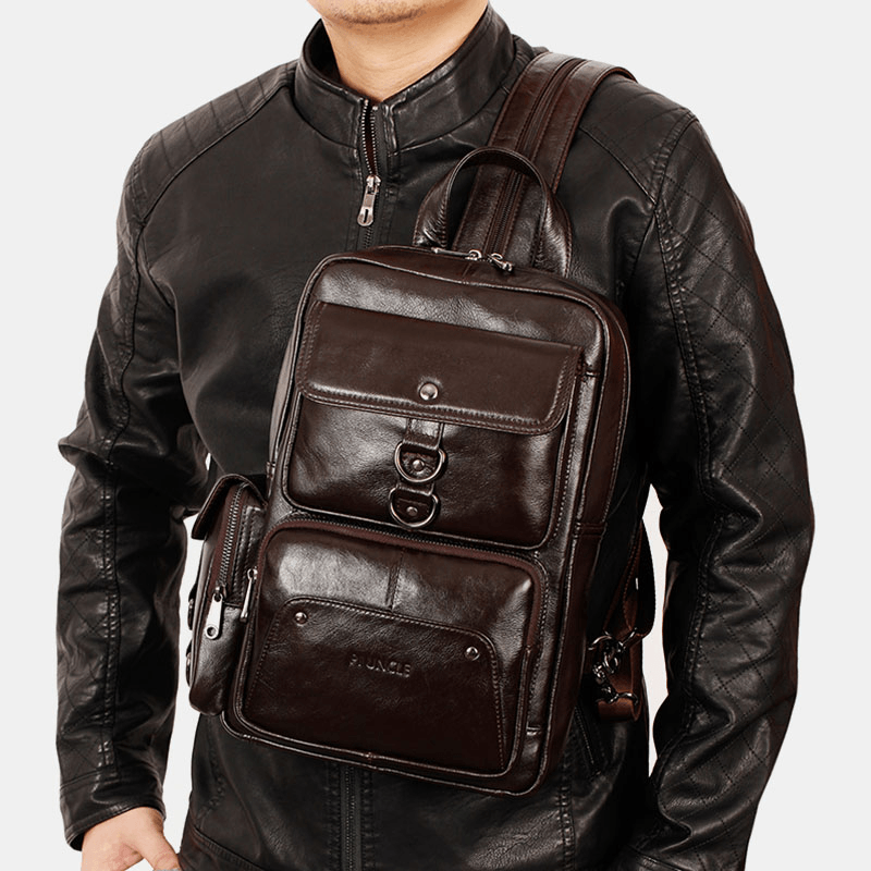 Men Genuine Leather Multifunction Multi-Carry Outdoor Travel Cowhide Crossbody Bag Backpack - MRSLM