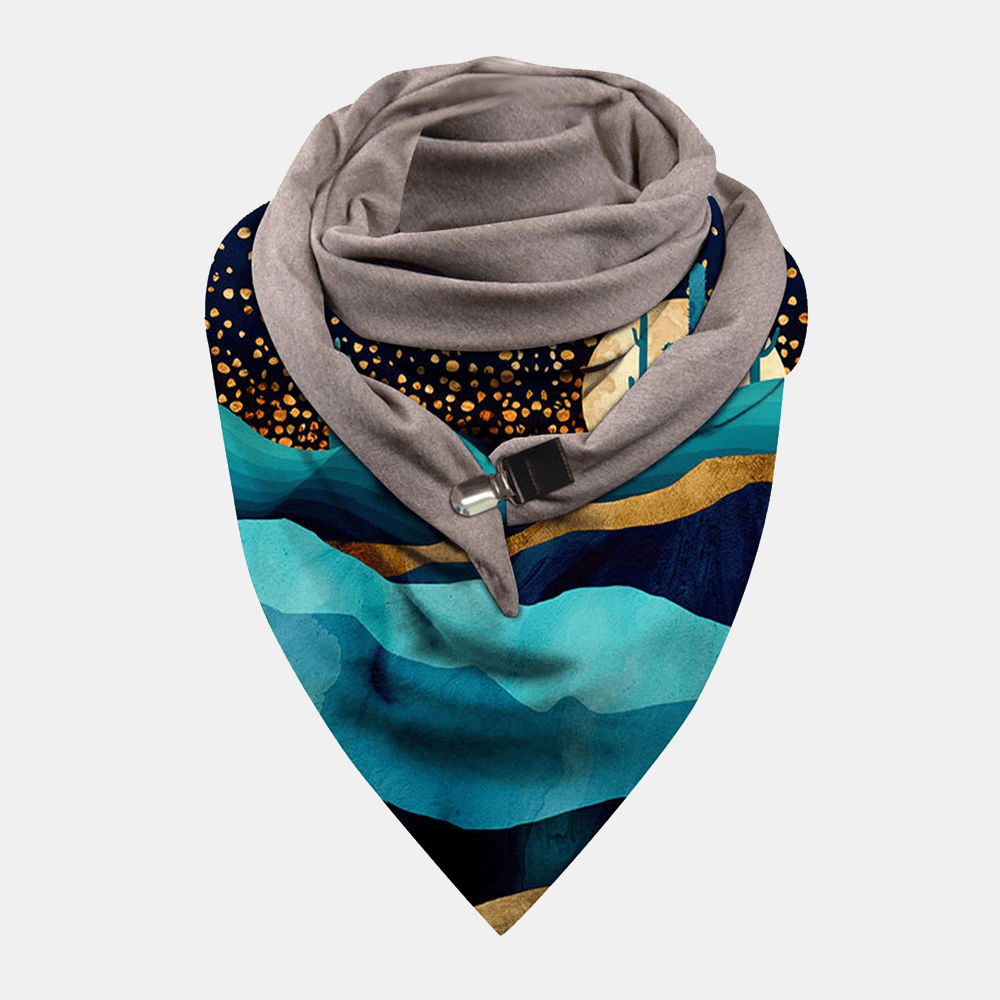 Women Multi-Purpose Colored Landscape Printing Scarf Triangle Autumn Winter Warm Soft Button Scarf Scarves - MRSLM