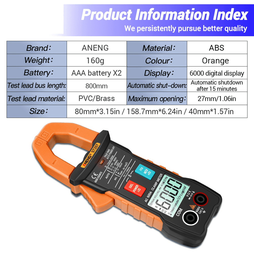 ANENG ST207 Digital Bluetooth Multimeter Clamp Meter 6000 Counts True RMS DC/AC Voltage Tester AC Current Hz Capacitance Ohm - MRSLM