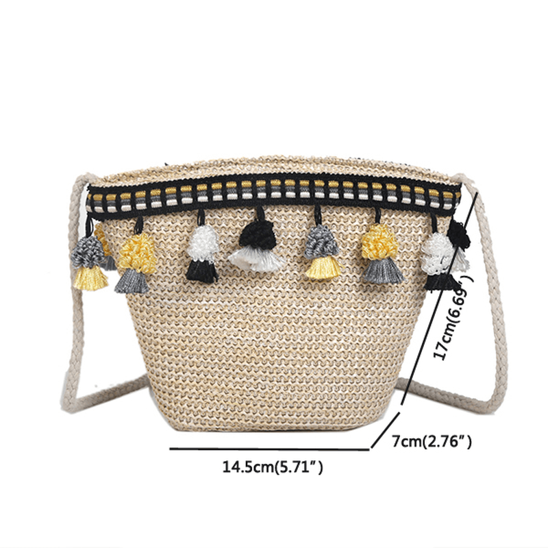 Straw Tassel Leisure Zipper Bucket Bag Shoulder Bag - MRSLM