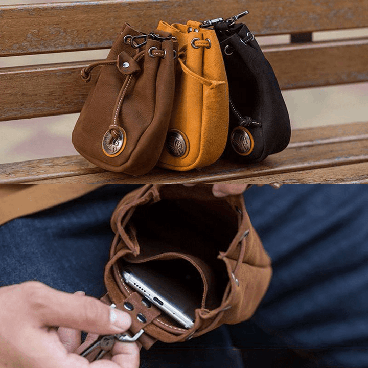 Men Genuine Leather Retro String Pocket Badge Decoration Waist Bag 6.3 Inch Phone Bag - MRSLM