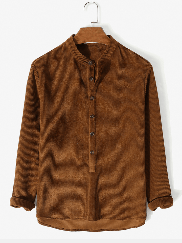 Mens Stand Collar Solid Button down Corduroy Shirt - MRSLM