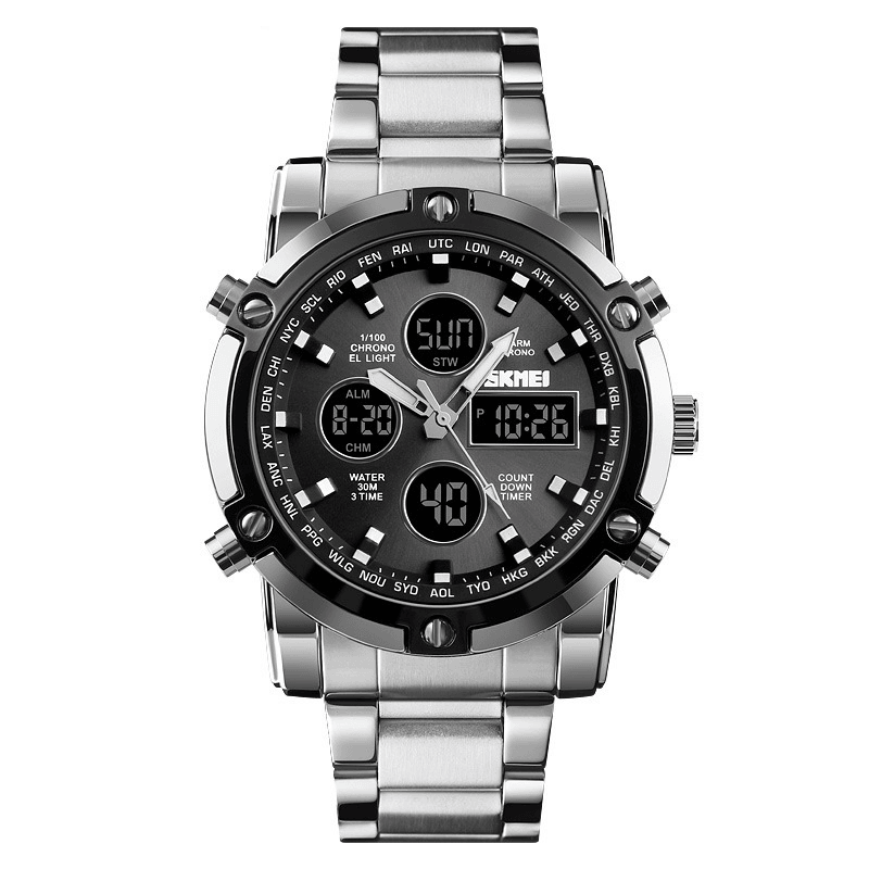 SKMEI 1389 Business Style Multifunction Big Dial Quartz Watch Waterproof Steel Band Men Wrist Watch - MRSLM