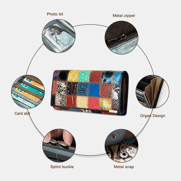 Women Genuine Leather Bifold Colored Geometric Pattern Multi-Card Slot Card Case Money Clip Coin Purse Long Clutch Wallets - MRSLM