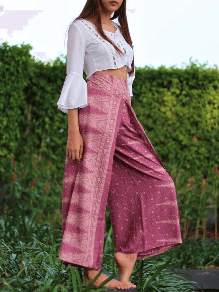 Women Idyllic Ethnic Style High Waist Side Split Loose Yoga Wide Leg Pants - MRSLM