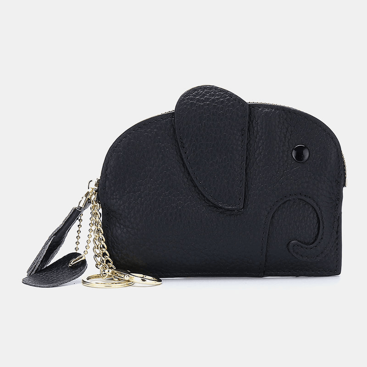 Women Genuine Leather Casual Cute Animal Elephant Pattern Mini Keychain Coin Bag Storage Bag - MRSLM