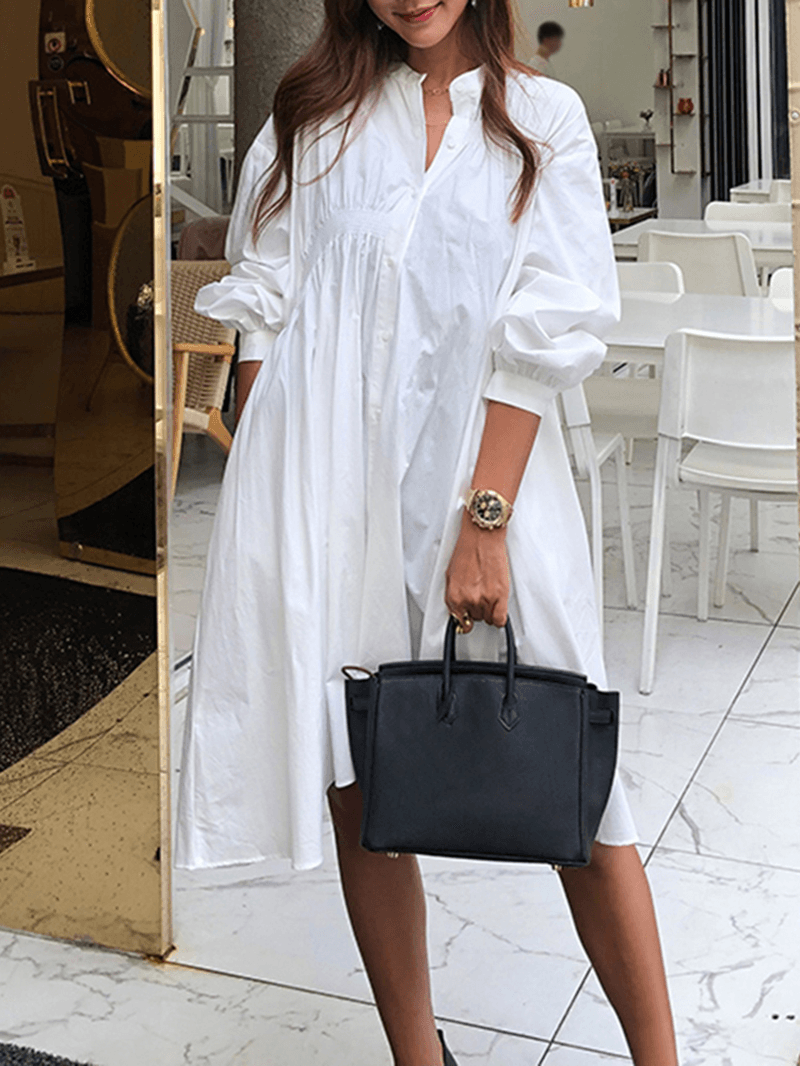 Women Solid Color Pleated Long Sleeve Casual Shirt Midi Dresses - MRSLM