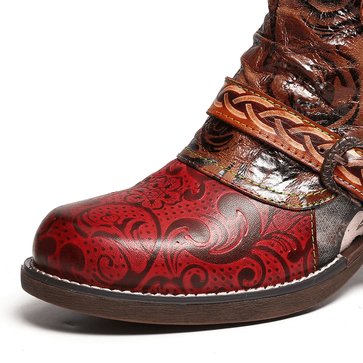 Women Embossed Rose Genuine Leather Splicing Boots - MRSLM