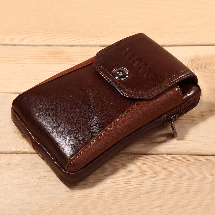 Men Genuine Leather Retro Multifunction 6 Inch Phone Bag Crossbody Bag Waist Bag - MRSLM